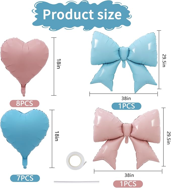 Vuzvuv Pink Blue Heart Balloons Pink Blue Bow Balloons Set, Anniversary - Image 2