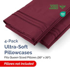 Queen Pillow Cases Set of 4 - Ultra Soft Hotel Quality Pillowcase Covers - Comfy, Cozy & Wrinkle Free - Shrinkage, Stain & Fade Resistant - Machine Washable Pillow Protectors - 4 Piece Set - Burgundy