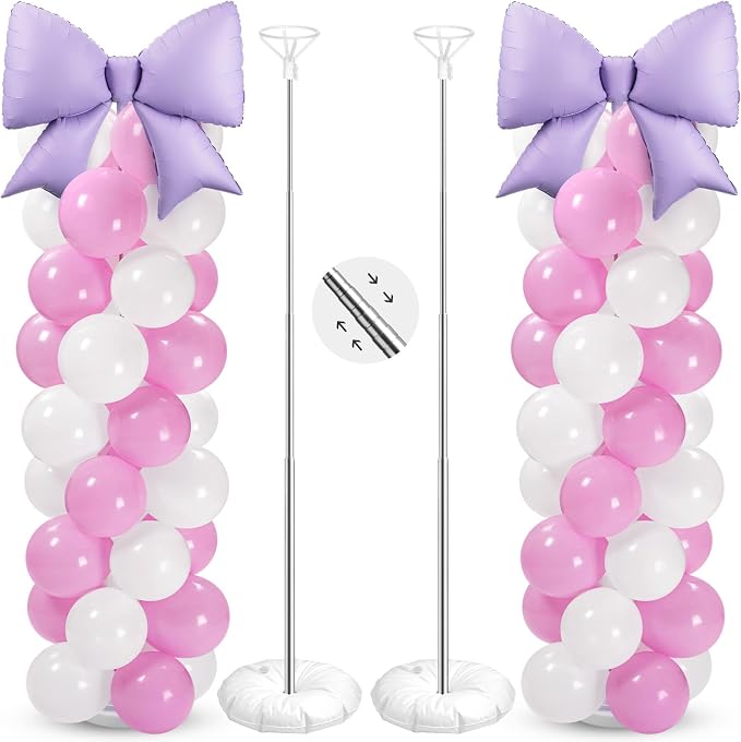 2 Sets Pink Purple White Bow Balloon Column Stand Kit Includes 2 Bows & 100 by Charnoel