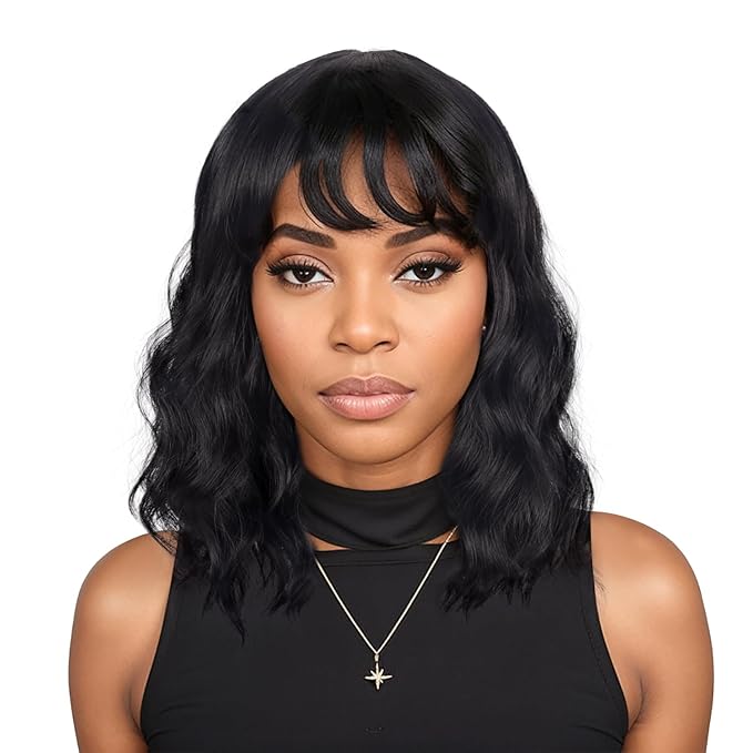 Shoulder Length Natural Black Wavy Bob Wigs For Women Short Wavy Wigs With Bangs Synthetic Wavy Wigs Heat Resistant Daily Use Wigs(Natural Black)