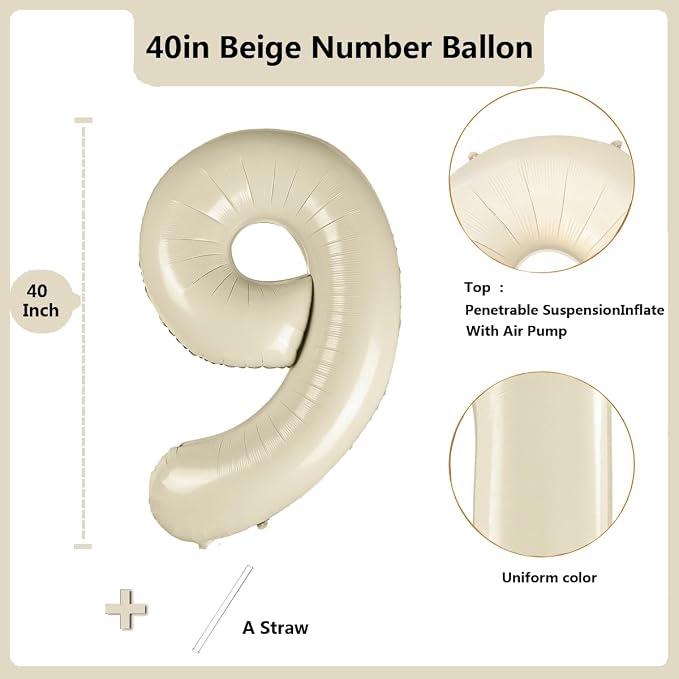 40 inch Cream White Number Balloon Giant Foil Helium Balloons Beige Number 9 - Image 2