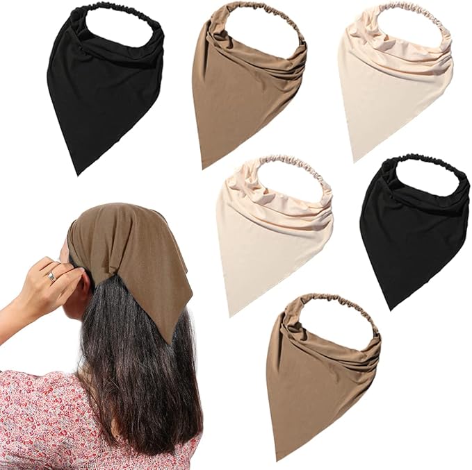 6 Pack Hair Scarf Headband for Women Elastic Bandana Head Scarf Large Boho Triangle Kerchief with Clips Non Slip Scarves