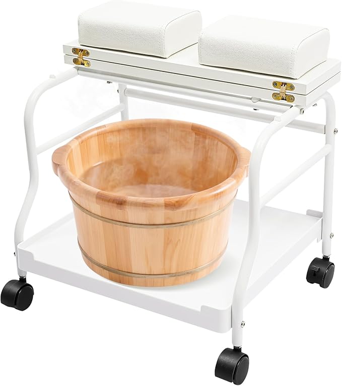 Beauty Salon Nail or Foot Bath Spa, 2Tier Portable Esthetician Trolley Cart Pedicure Manicure Funiture Massage Table Salon Supplies with 4 Wheels for Foot Rest, Hair Salons, Home (White)