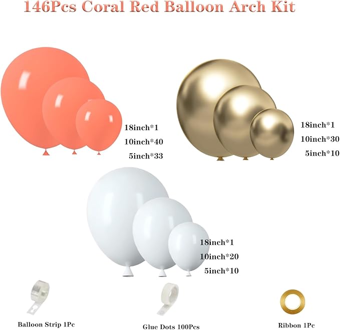 Coral Red Gold Balloon Garland Arch Kit, Coral Red Metallic Gold Latex Balloons - Image 2