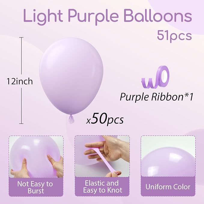 Light Purple Balloons 12 inch, Pastel Purple Latex Balloons 50pcs Party Balloon - Image 2