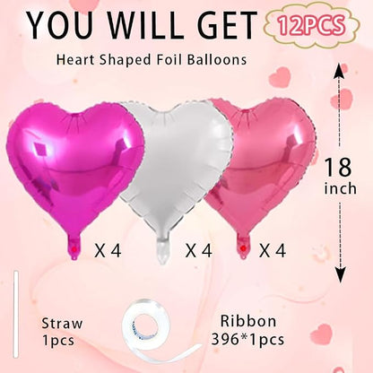 Rose Heart Balloons, 18inch Bright Pink Heart Shaped Foil Balloons & White - Image 2