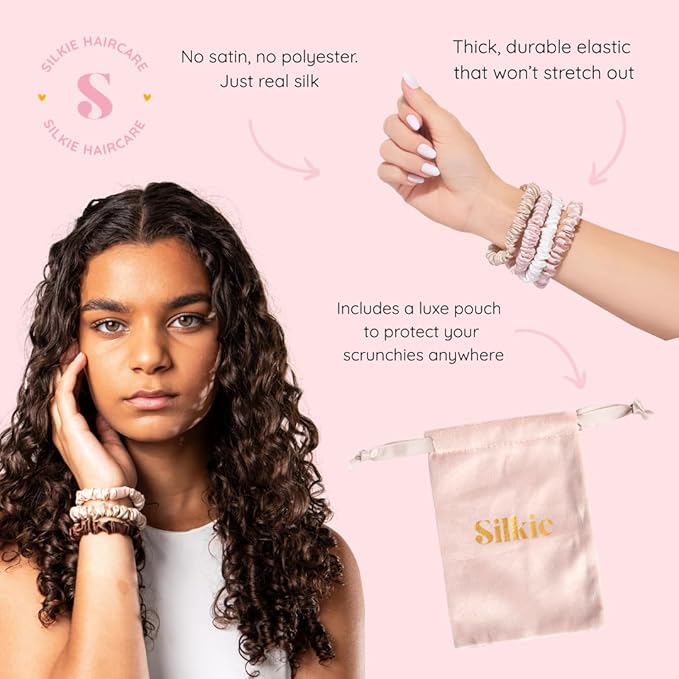 SILKIE x4 Set - Forget Satin - 100% Pure Mulberry Silk Black Brown Leopard Skinny Scrunchies Travel Pouch Everyday Hair Ties Elastics Hair Care Ponytail Holder No Damage (Savannah)