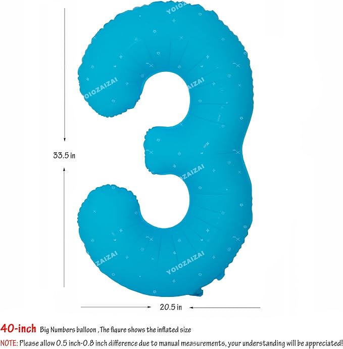 40IN Blue Birthday Number 3 Balloon Fluorescent Blue Balloon Foil Balloon | - Image 2
