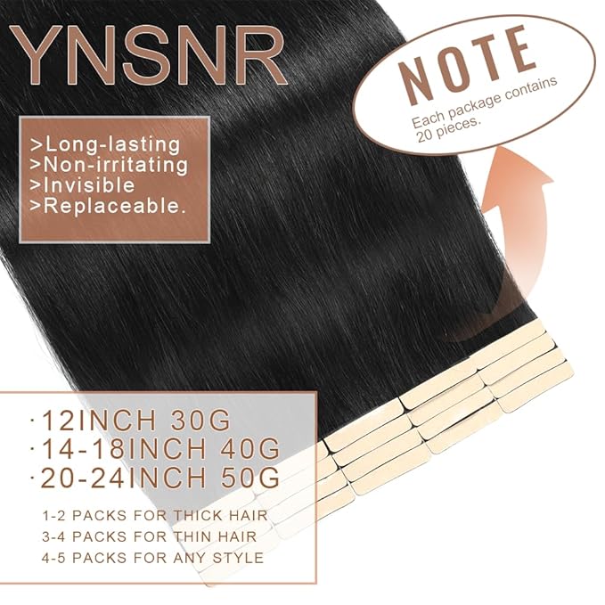 Tape in Hair Extensions Human Hair Jet Black 22 Inch 20Pcs Tape Ins for Women Straight Invisible Seamless Remy