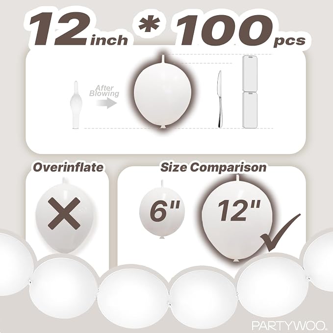 PartyWoo White Linking Balloons 100pcs 12 Inch White Link Balloons | - Image 4