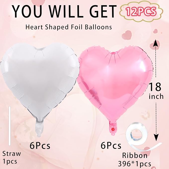 White-Pink Heart Balloons, 18inch Bright Pink Heart Shaped Foil Balloons & - Image 3