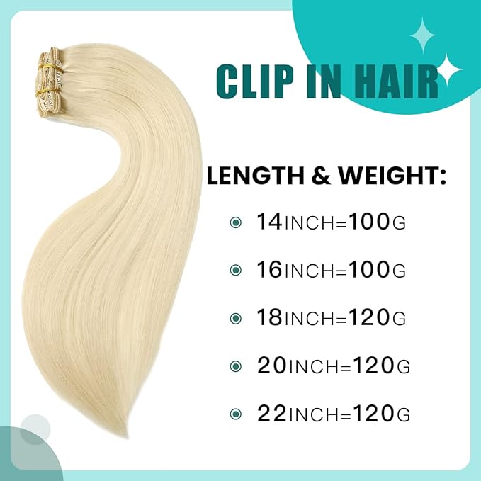 SURNEL Clip in Human Hair Extensions Platinum Blonde Clip in Hair Extensions Real Human Hair 16 inch 6pcs 100g (#60,16'')