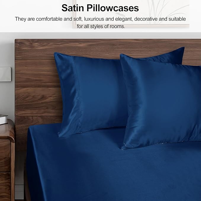 Lirex Satin Pillowcase 2-Pack, King Size Satin Pillowcase Soft Solid Color Microfiber Satin Pillowcase, Envelope Closure Wrinkle Free Fade Resistant Breathable, Navy Blue