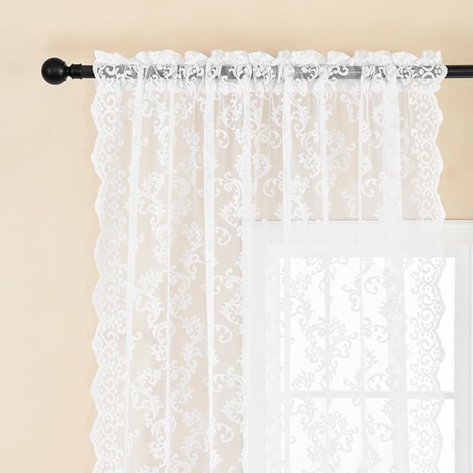 FOLKSIDE White Lace Curtains 63 Inch Length 2 Panels Set Western Paisley - Image 4