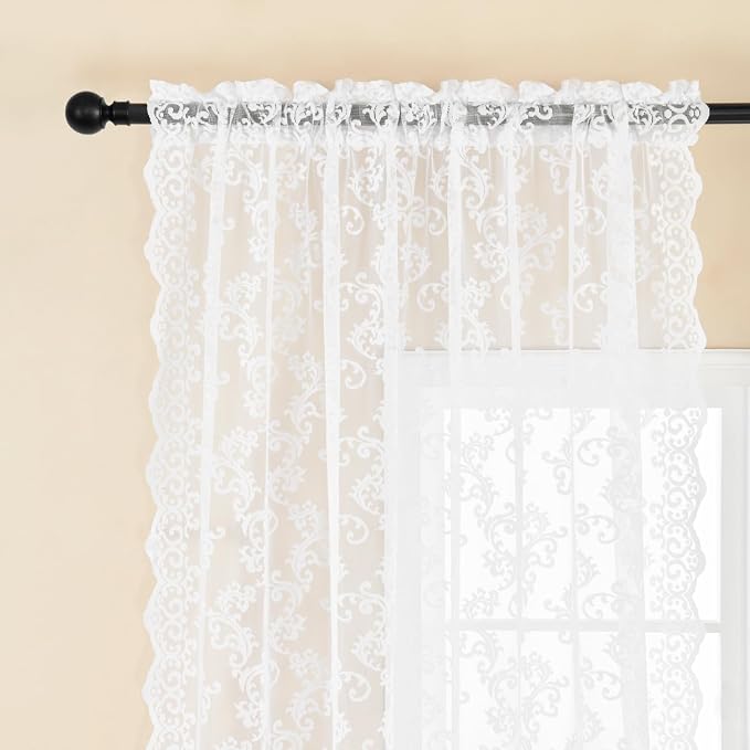 FOLKSIDE White Lace Curtains 54 Inch Length 2 Panels Set Paisley Floral Curtains - Image 3