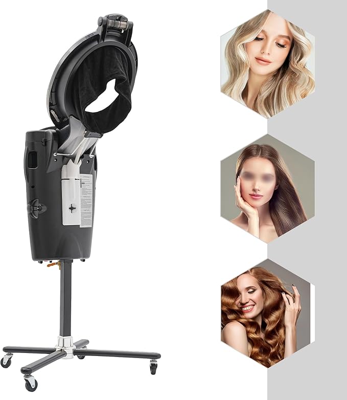 Hair Steamer Professional Hair Salon Steamer with 12 Color Light & Ozone，Adjustable Height Hair Steamer with Wheels (Black)