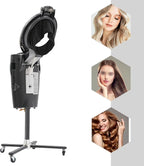 Hair Steamer Professional Hair Salon Steamer with 12 Color Light & Ozone，Adjustable Height Hair Steamer with Wheels (Black)