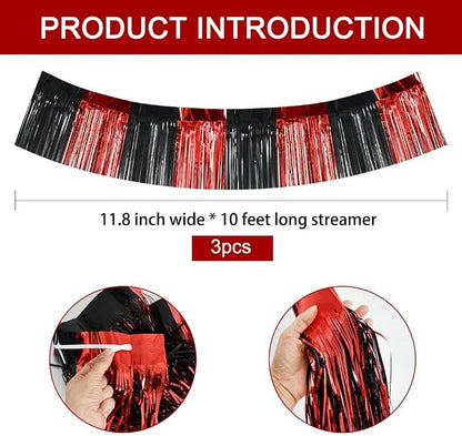 BEISHIDA Red Black Fringe Garland Banner 30ft Wall Tinsel Foil Streamers | 3Pack - Image 3