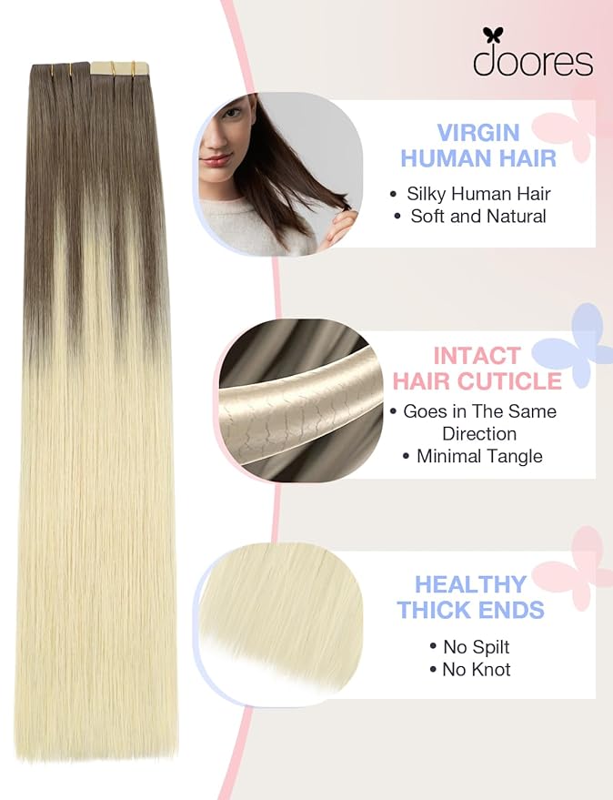 DOORES Invisi Edge Hair Extensions Real Human Hair Tape in, Ash Brown to Platinum Blonde 10 Injection Tape-ins with 10 Classic Tape-ins 50g 16 Inch, Injection Tape in Virgin Human