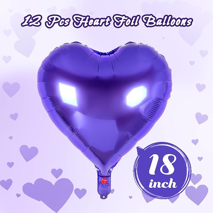 12 Pcs Purple Heart Balloons, 18 Inch Heart Foil Balloons Love Balloon - Image 2