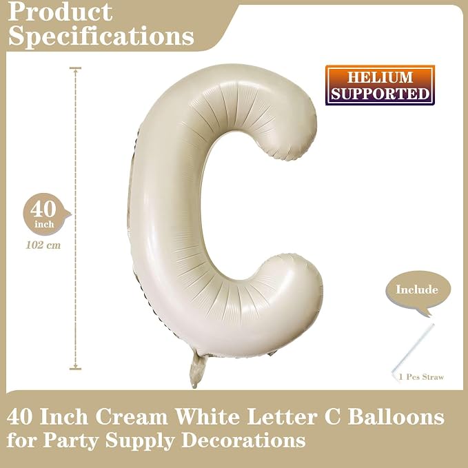 Cream White Letter C Balloons, 40 Inch Giant Letter Balloons C Foil Mylar - Image 2