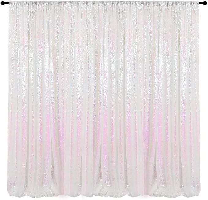 Iridescent White Sequin Backdrop Curtain 10FTx10FT | Glitter Sequence Drapes by HMQIANG