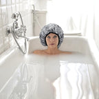 2 Pcs Double Layer Deep Conditioning Cap, Aluminum Foil Hair Heat Cap Reusable Shower Caps Steam Caps for Hair Treatments Home and Salon Use(Pink+Striped)