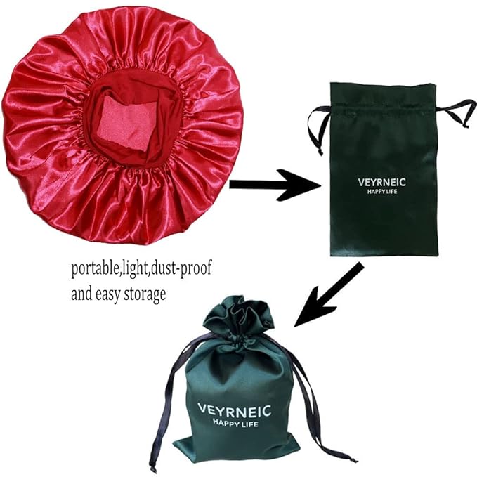 VEYRNEIC Hair Satin Bonnet for Sleeping Shower Caps Silk Chemo Caps with Wide Elastic Band Night Sleep Cap Bonnets for Black Women Braids with Satin Storage Bag (Wine Red)