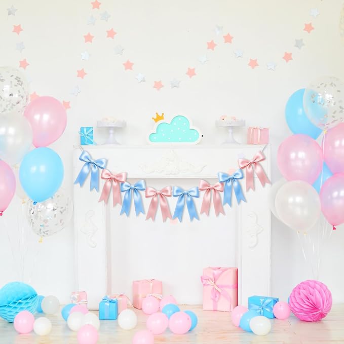 1 String of 8PCS Baby Pink&Baby Blue Bow Garland Banner Decoration, Pre-Strung by Unknown