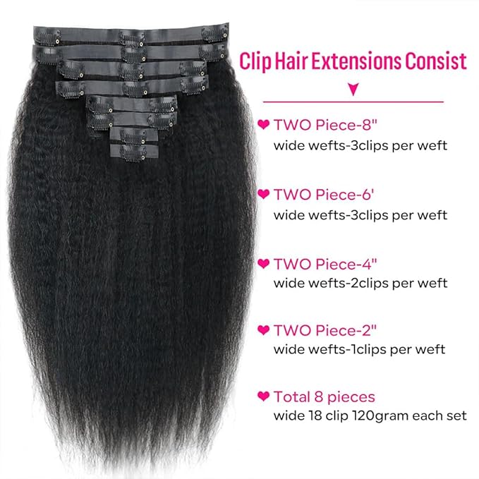 Seamless Kinky Straight Clip in Hair Extensions for Black Women Brazilian Virgin Human Hair Extensions 8Pcs Seamless Clip ins Human Hair with 18Clips Invisible PU Skin Weft 120g 18inch Natural Black