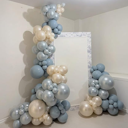 Dusty Blue White Balloons, Double Stuffed Pearl Light Baby Metallic Slate Blue - Image 5