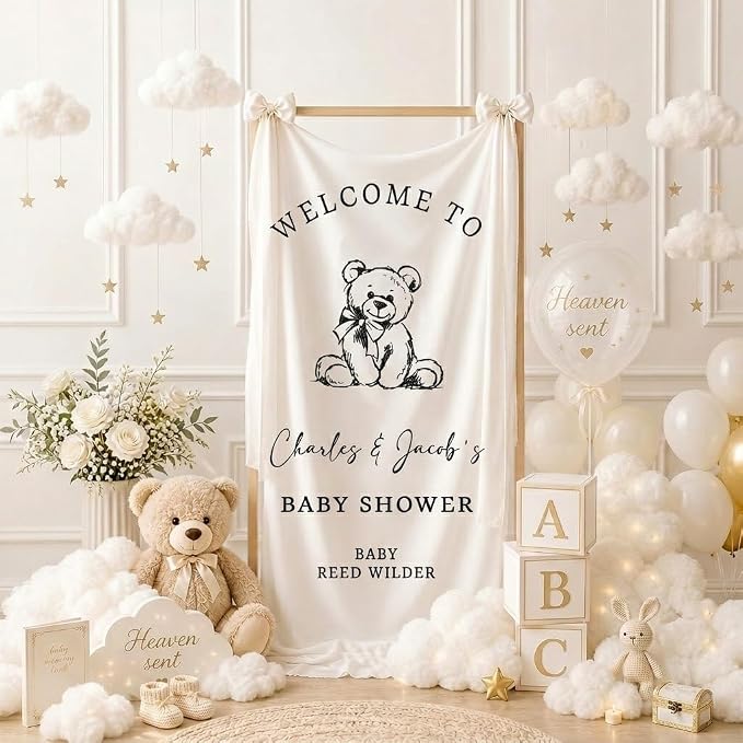 Personalized Bear Baby Shower Fabric Welcome Sign Hello Baby Linen Backdrop | - Image 3