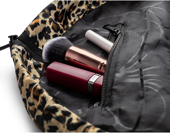 Lay-n-Go Cosmo Layflat Drawstring Cosmetic & Makeup Bag Organizer w/Zipper Pocket, Brush Loops & More, Cinch to Close, Lay Flat to Use, Durable, Machine Wash, Travel Toiletry Bag (22", Leopard)