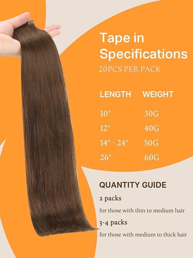 DOORES Chocolate Brown Tape in Hair Extensions - 14 Inch, 50g, 20pcs - Remy Human Hair, Silky Straight Skin Weft, Real Natural Hair