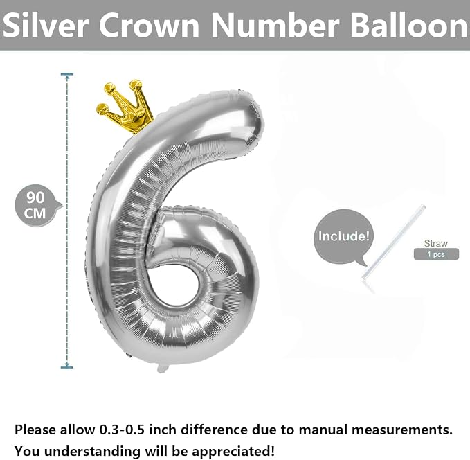 Silver Number 6 Balloon with Crown, 40 inch Silver Number Balloon 6th Birthday - Image 2