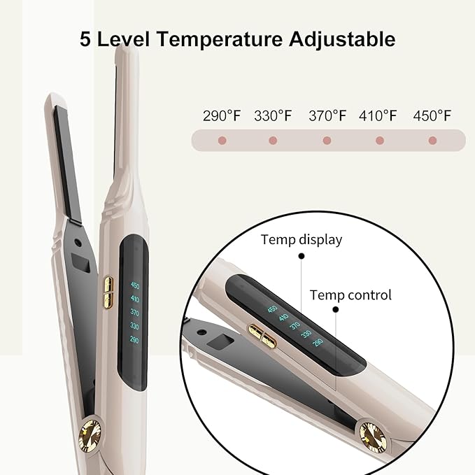 Mini Flat Iron 3/10'' Small Flat Irons for Short Hair,Pixie Cut & Bangs,Tiny Hair Straightener for Edge with LED Display,Travel Thin Hair Straightener with Dual Voltage,Auto Shut Off（Khaki）