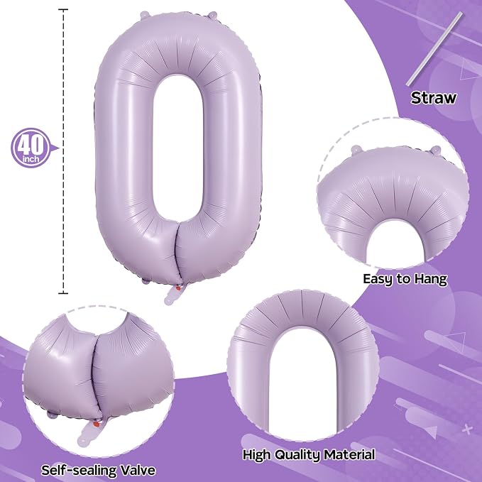 Pastel Purple Number 0 Balloons 40 Inch, Large Lilac Number Balloons 0-9 Set - Image 2