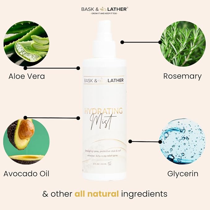 BASK & LATHER Hydrating Hair Mist (8 oz) & Elixir Oil (4 oz) Bundle — Leave-In Conditioner + Jamaican Black Castor Oil for Growth, Moisture, Detangling, Scalp Relief & Strength