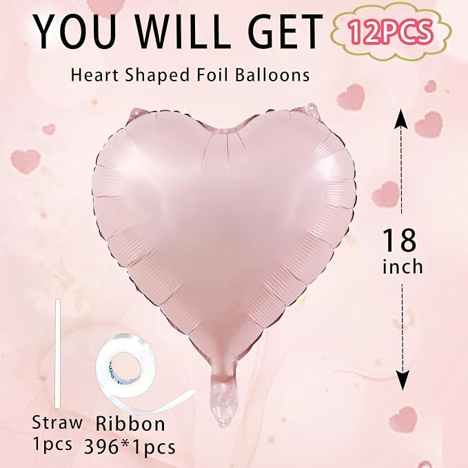 Pink Heart Ballloons, 18 Inch Pastel Pink Foil Love Heart Shaped Balloons 12Pcs - Image 4
