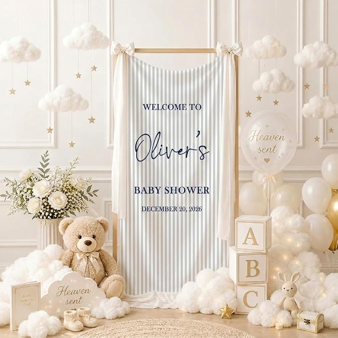 Custom Blue Striped Baby Shower Fabric Sign Hello Baby Linen Backdrop | - Image 2