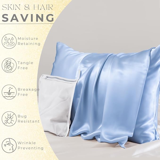 PROMEED 23 Momme Silk Toddler Pillowcase 2 Pack with Free Laundry Bag, Natural Highest Grade 6A+ 100% Mulberry Silk Pillow Case Set of 2, Zipper (Toddler/Travel 13"x18", Light Blue)