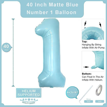 2Pcs Matte Blue Foil 40" Number 1 and 26" Script Letter One Balloon Set | Large - Image 2