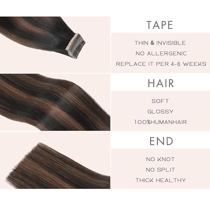 Human Hair Tape in Extensions, Balayage Natural Black Mixed Chestnut Brown Hair Extensions Real Human Hair 20 Inch 20pcs Remy Straight Tape in Hair Extensions Human Hair (1B/1B/6#,20 Inch)