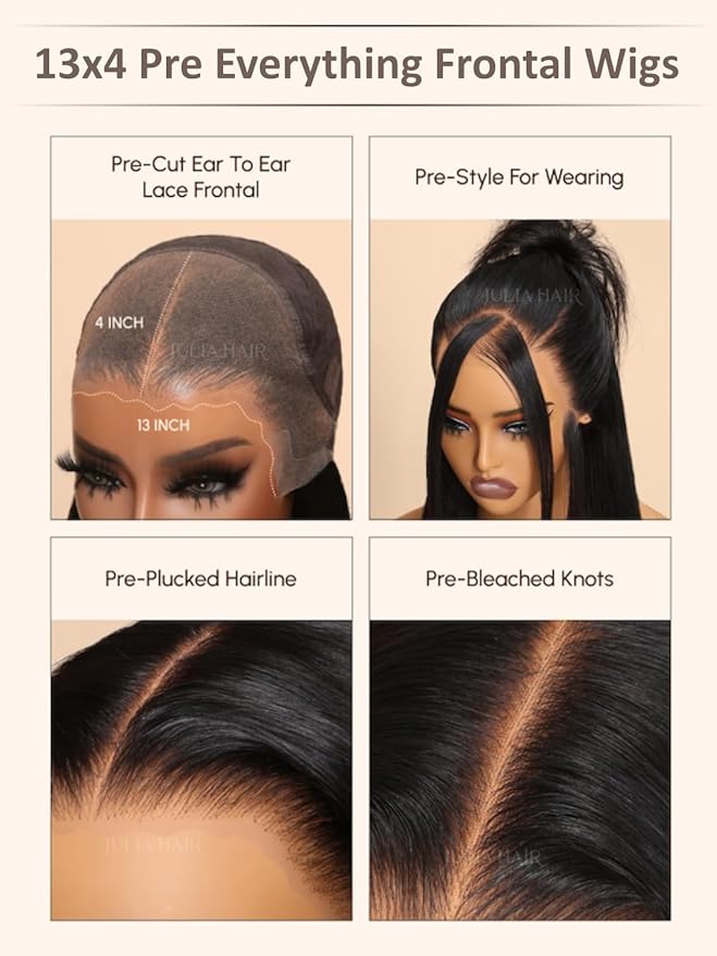 Julia Hair Body Wave Glueless Lace Front Wigs Human Hair 13x4 Pre Cut Lace Frontal Wig Pre Plucked with Bleached Knots Pre Everything Put on and Go 180% Density Ready Wear Wigs Natural Color 18 Inch