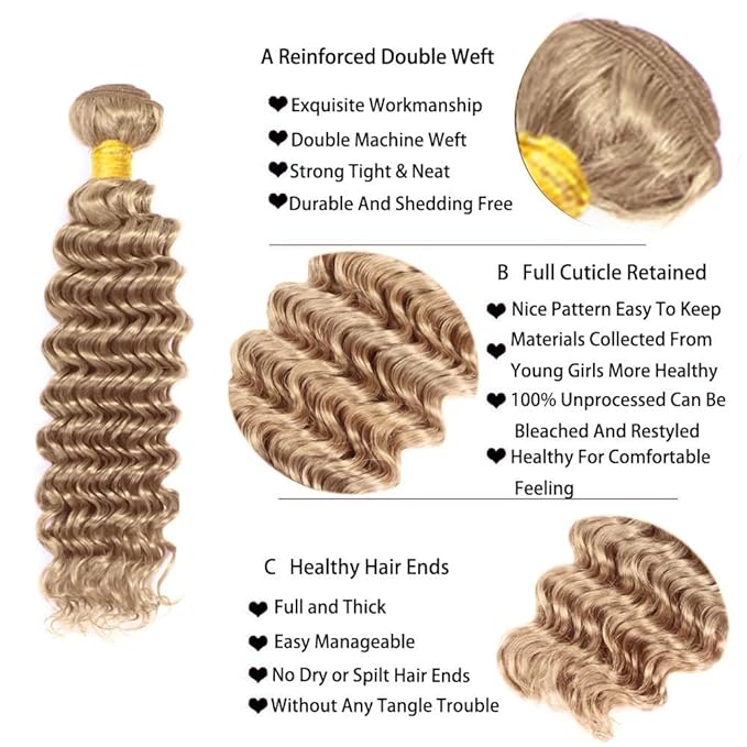 Ash Blonde Bundles Human Hair Color #22 Deep Wave Bundle Niegmeag Brazilian Virgin Remy Hair 3 Bundles 24 26 28 Inch Ash Blonde Deep Wave Bundle Double Weft Hair Weave 300g