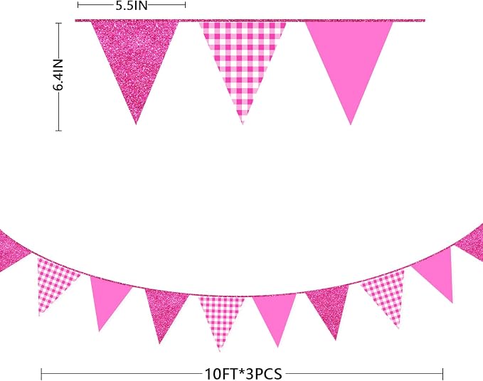 Hot Pink Buffalo Plaid Party Decorations Pennant Banner Flag Hot Pink Glitter - Image 2