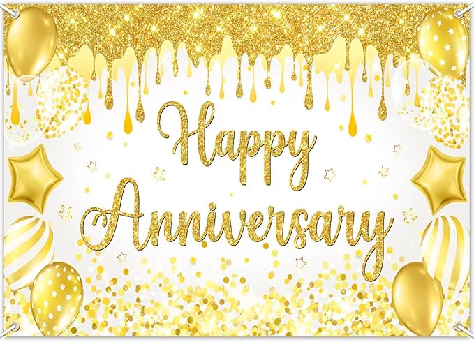 Mocsicka Happy Anniversary Banner White Gold Happy Anniversary Party by Mocsicka