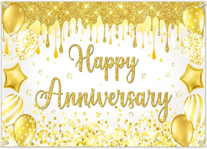 Mocsicka Happy Anniversary Banner White Gold Happy Anniversary Party by Mocsicka