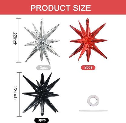 TONIFUL 8 Pcs Explosion Star Foil Balloon Black Silver Red Party Decoration | - Image 2