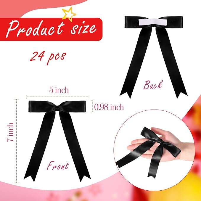 Riceshoot Black 24 Pcs Satin Ribbon Bows 5x7'' Self Adhesive Stick on Premade - Image 2
